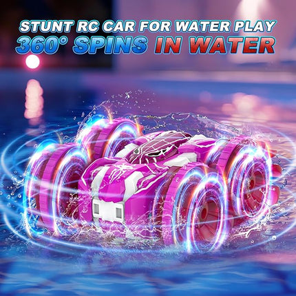 Waterproof Remote Control Car，4WD Land & Water 2.4 GHz RC Car Remote Control Boat，360°Rotation RC Stunt with LED Lights，Boys Girls Gifts All Terrain Water Beach Pool Toy Pink