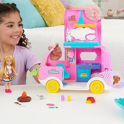 Barbie Camper, Chelsea 2-in-1 Playset with Small Doll, 2 Pets & 15 Accessories, Vehicle Transforms into Camp Site (Amazon Exclusive)