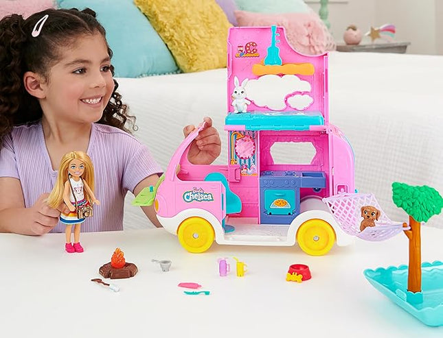 Barbie Camper, Chelsea 2-in-1 Playset with Small Doll, 2 Pets & 15 Accessories, Vehicle Transforms into Camp Site (Amazon Exclusive)