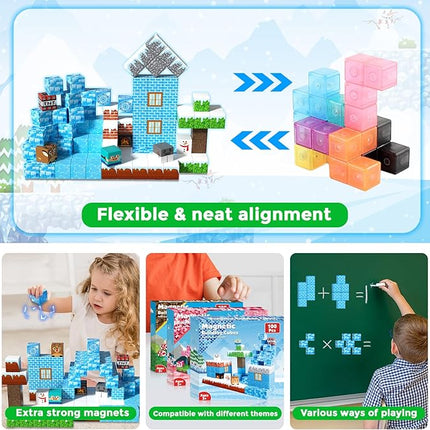Magnetic Blocks - 100PCS Magnetic Blocks Build Ice Castle - Magnetics Toys for Montessori Toddler Christmas Birthday Gifts - STEM Sensory Toys for 3 4 5 6 7 8 9 10 Year Old Girls