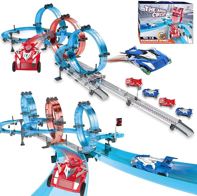 Toy Car Track Set Race with 4 Super Pull-Back Racing Cars, 360°Loops, Turns and Crossover High-Speed Racing Game Circular Overpass Track Gifts Birthday Toys for Boys Kids Age 6 7 8-12