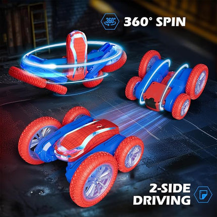 Remote Control Car, Spider RC Cars Toy for Boys Girls Kids 4-6 7-12, 360 Rotating and Double Sided, LED Lights, Music, 2Modular Batteries 40Mins, Gifts for Birthday Christmas