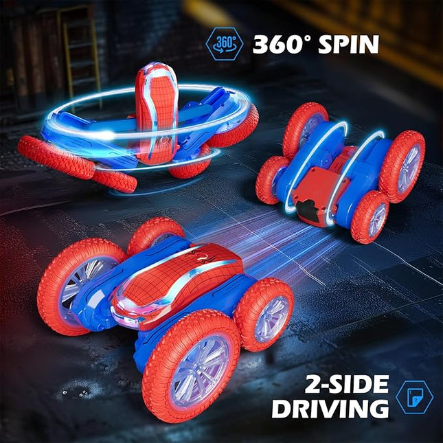 Remote Control Car, Spider RC Cars Toy for Boys Girls Kids 4-6 7-12, 360 Rotating and Double Sided, LED Lights, Music, 2Modular Batteries 40Mins, Gifts for Birthday Christmas