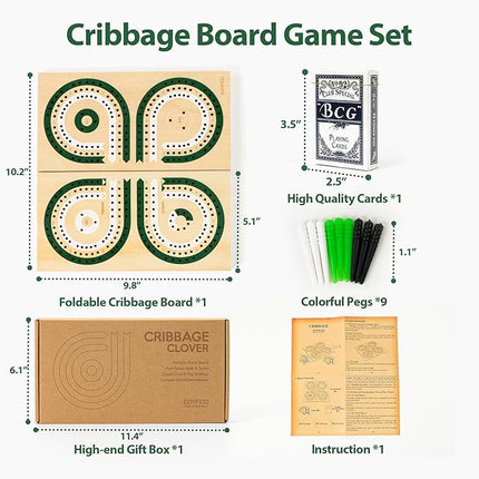 Foldable Cribbage Board Game Set, Solid Wooden Unique 3-Track Cribbage Board with Card Storage & Magnetic Closure, 9 Multi-Colored Pegs, Playing Cards, Family Travel Board Game for Gatherings & Gifts
