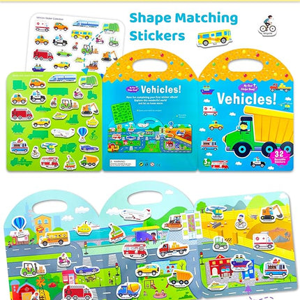 Benresive Reusable Sticker Book for Toddlers 2-4 Years, Fun Travel Stickers for Kids, Waterproof Sticker Books for Toddlers 1-3, Crafts Activities for Todddlers 1-3 2-4 3-5 - Transport