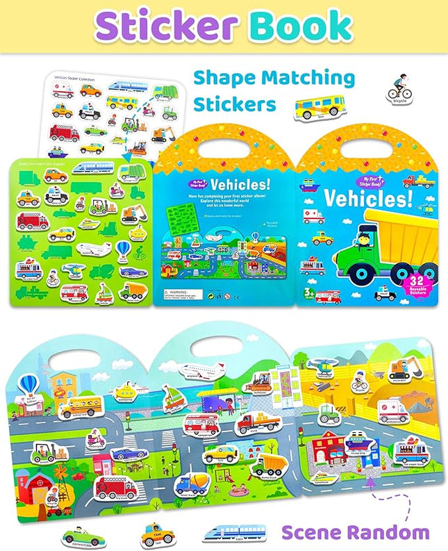 Benresive Reusable Sticker Book for Toddlers 2-4 Years, Fun Travel Stickers for Kids, Waterproof Sticker Books for Toddlers 1-3, Crafts Activities for Todddlers 1-3 2-4 3-5 - Transport