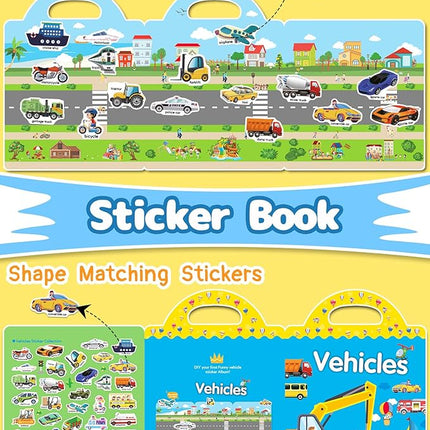 Benresive Reusable Sticker Book for Toddlers 2-4 Years, Fun Travel Stickers for Kids, Waterproof Sticker Books for Toddlers 1-3, Crafts Activities for Todddlers 1-3 2-4 3-5 - Vehicle