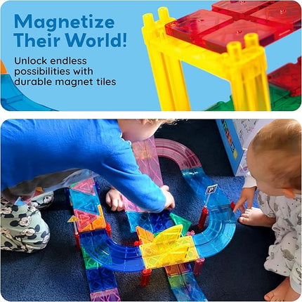 PicassoTiles 80pc Race Car Track Magnetic Tiles Building Block Educational Toy with 2 Light Up Cars Kids Toddler Toys Magnets Tile STEM Learning Construction Tracks for Fine Motor Skill Training PTR80