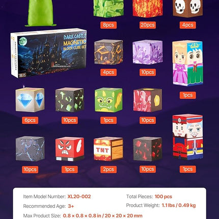 VEVOR Magnetic Blocks, 100 PCS Dark Castle Set, Magnetic Building Cubes for Kids, STEM Montessori Sensory Toys for Christmas Birthday Gift, Construction Stacking Toy for 3+ Years Old Boys & Girls