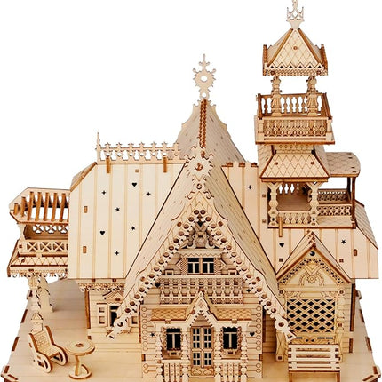Vintage Villa 3D Wooden Puzzle,Building Kits for Adults and Teens,Educational Brain Teaser Assembly Model with LED Lights,Skill Building and Creative Fun