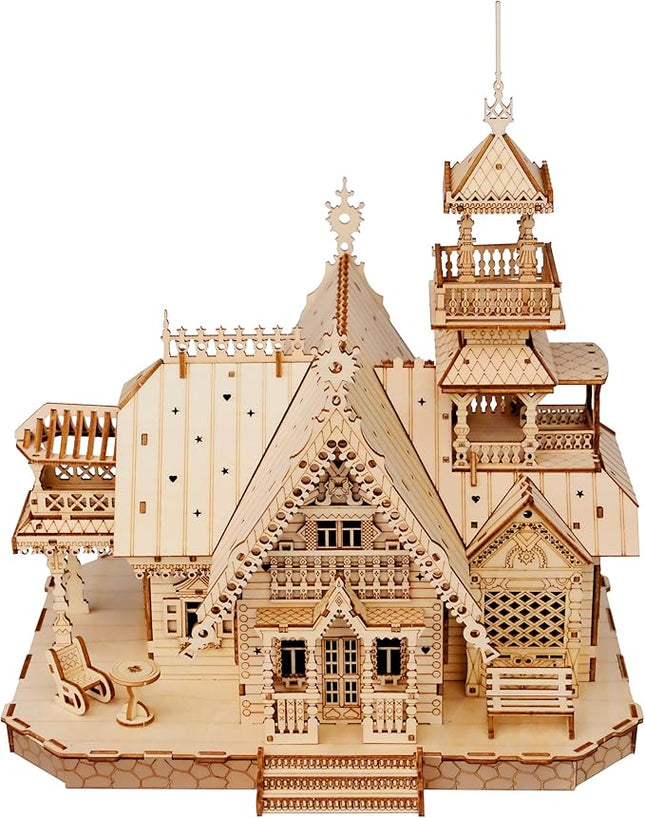 Vintage Villa 3D Wooden Puzzle,Building Kits for Adults and Teens,Educational Brain Teaser Assembly Model with LED Lights,Skill Building and Creative Fun