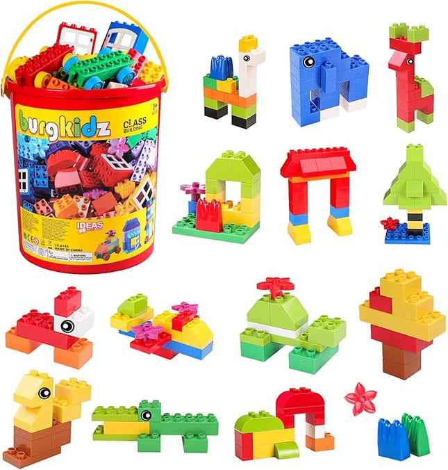 burgkidz 214-Piece Large Building Blocks for Toddlers with Storage Bucket – Big Bricks Compatible with Major Brands – STEM Educational Toys for Kids Ages 2-6, Boys & Girls (Classic Colors)