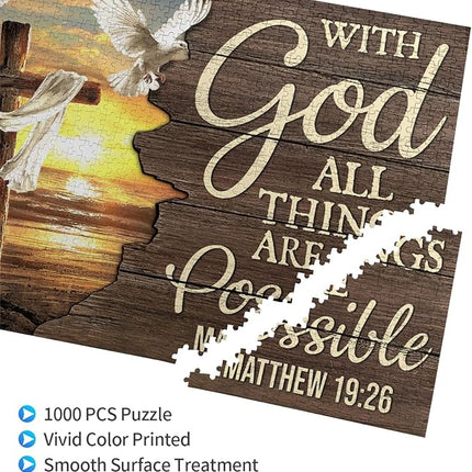 Christian Jigsaw Puzzles 1000 Pieces for Adults, Ocean Cross & Matthew 19:26 with God All Things are Possible, Inspirational Beach-Themed Wooden Puzzle, Faith-Based Gift