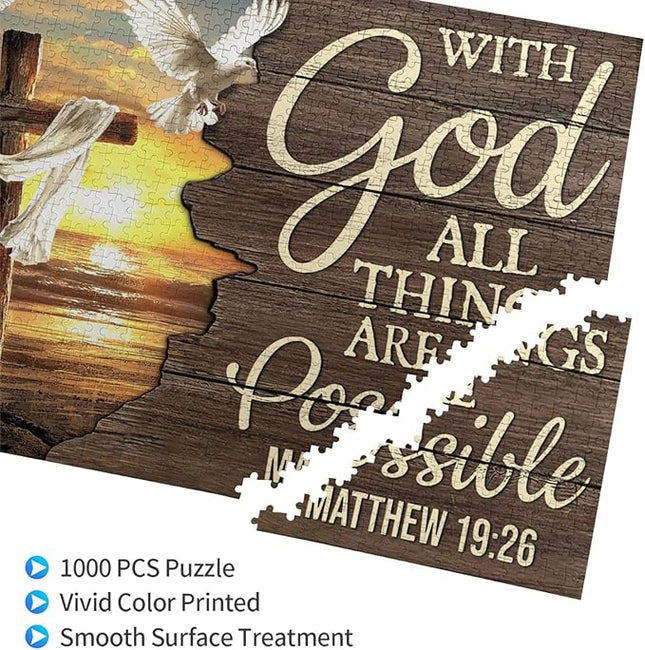 Christian Jigsaw Puzzles 1000 Pieces for Adults, Ocean Cross & Matthew 19:26 with God All Things are Possible, Inspirational Beach-Themed Wooden Puzzle, Faith-Based Gift