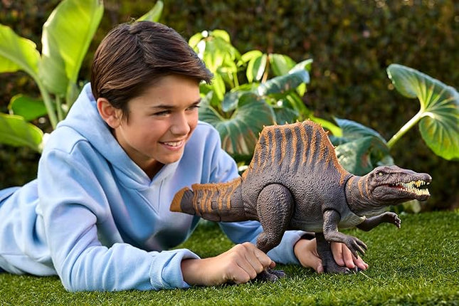 Mattel Jurassic World Rebirth Dinosaur Toy, Tail Thrasher Spinosaurus Action Figure with 2 Attack Moves, Movie-Accurate & Posable, Digital Play