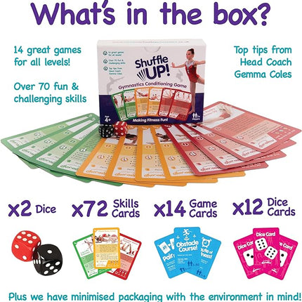 Shuffle Up Gymnastics Card Games - 70+ Fun & Active Skills Cards for Kids, Fitness Cards Develop Fundamentals, Stamina & Strength, Easy to Play for Kids | Multiple Skills Level Cards Include 2 Dices