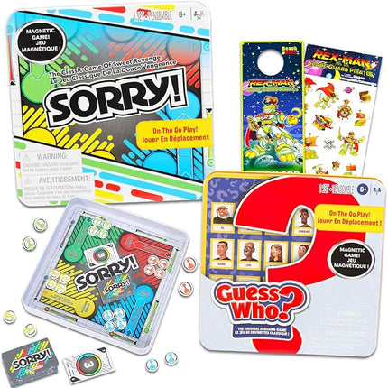 Magnetic Game Travel Set for Kids - Bundle with 2 Travel Games in Tin Featuring Sorry, Guess Who Plus Stickers, More | Hasbro Travel Games for Kids 8-12