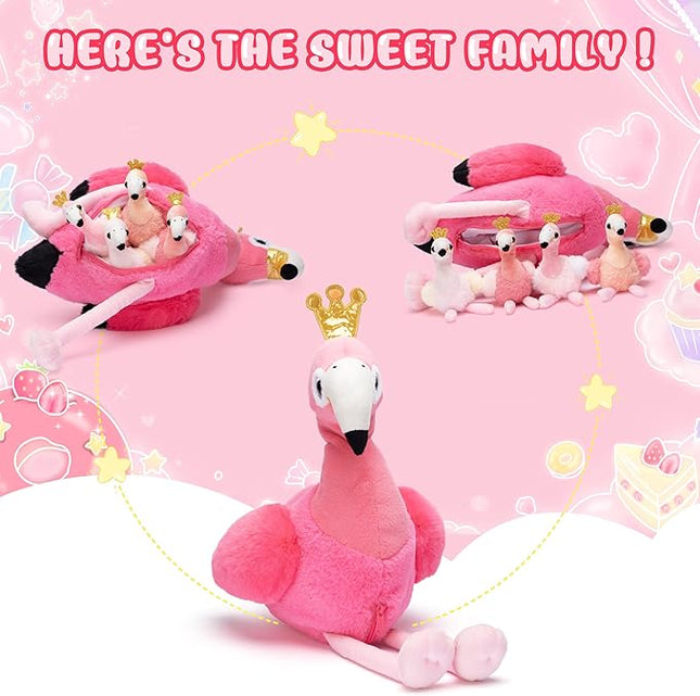 IKASA Mommy Flamingo Stuffed Animal Mom and Baby Plush Toy, Cute 24" Soft Small Mama Family Set Cuddly Toys with Little Mini Babies,Gifts for Kids