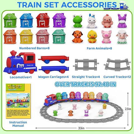 Train Set Toddler Learning Toys for 1 2 3 4 Year Old Boy Girl - Montessori Electric Train Set with Counting Matching & Sorting Activity with Farm Animals, Finger Puppets, Christmas Birthday Gift 2-4