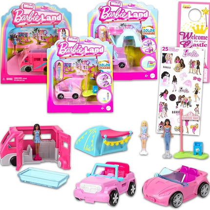 Barbie Mini Barbieland Doll and Vehicle Playset - Bundle with 3 Barbieland RV, Car, and Jeep Vehicles Plus Stickers, More | Barbie Party Favors for Girls, Kids