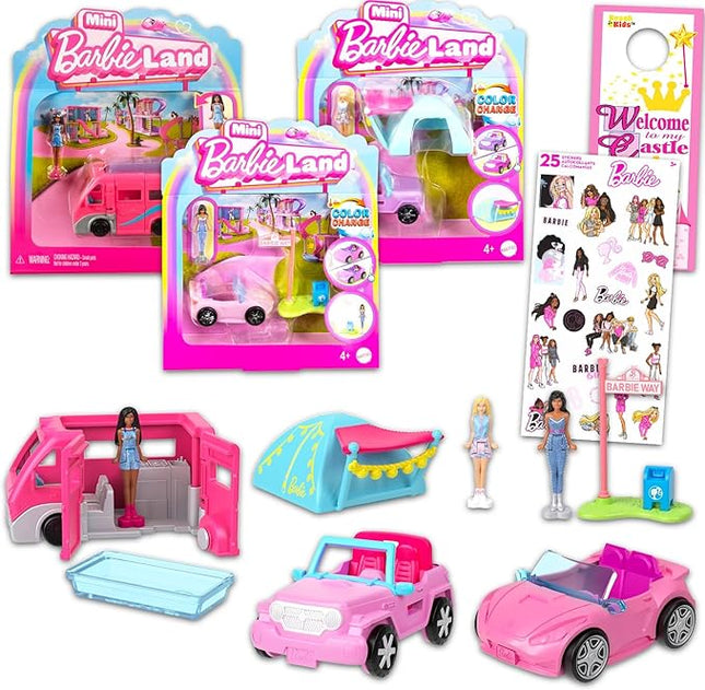 Barbie Mini Barbieland Doll and Vehicle Playset - Bundle with 3 Barbieland RV, Car, and Jeep Vehicles Plus Stickers, More | Barbie Party Favors for Girls, Kids
