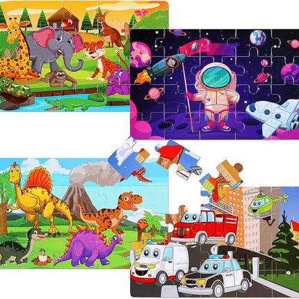 Wooden Puzzles Toys for Kids Ages 3-5, Set of 4 Packs Dinosaur, Space, Transportation Wood Toddler Puzzles, Preschool Brain Teaser Toys for Boys and Girls 2 3 4 5 6 Years Old