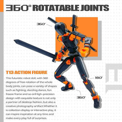 (Assembly Completed) T13 Action Figure Set, 3D Printed Toys Robo 13 Action Figures,Dummy 13 Titan 13 Action Figure (Black + Orange)