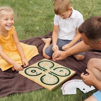 Foldable Cribbage Board Game Set, Solid Wooden Unique 3-Track Cribbage Board with Card Storage & Magnetic Closure, 9 Multi-Colored Pegs, Playing Cards, Family Travel Board Game for Gatherings & Gifts