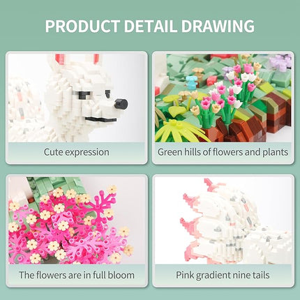 Forest Animal Micro Building Blocks Set - Nine Tailed Fox Stand in Lawns - Flowers and Trees, 4160 PCS Collectible Building Gift for Adults