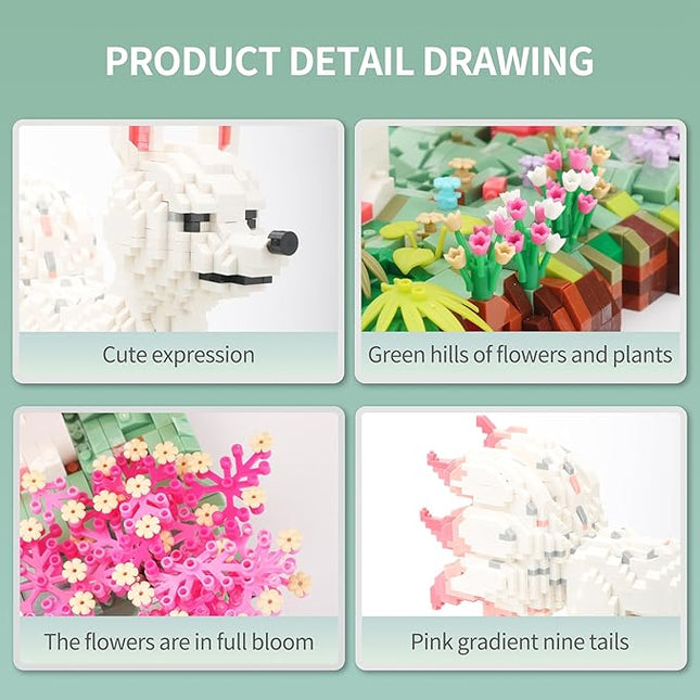 Forest Animal Micro Building Blocks Set - Nine Tailed Fox Stand in Lawns - Flowers and Trees, 4160 PCS Collectible Building Gift for Adults