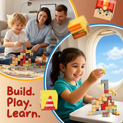 49PCS Mini Magnetic Blocks Construction Set - STEM Toddler Toys with Portable Iron Box, Travel Magnet Cubes for Kids Ages 3-8, Educational Gift for Boys & Girls