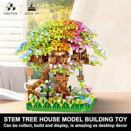Cherry Blossom Building Set, 1345 Pcs Japanese Sakura Tree House Micro Block Toy, STEM Creative Rainbow Bonsai Tree House Building Flower Set, Friendship Treehouse for Adult, Kid
