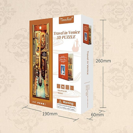 Tonecheer DIY Book Nook Kit for Adults, 3D Wooden Puzzle Bookend Bookshelf Insert Library Decor, Booknook Miniature House Kit with Body Motion Sensor LED Light (Travel in Venice)