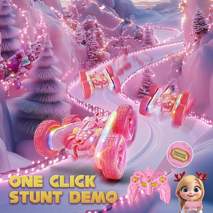 Remote Control Car for Girls, Pink RC Cars Stunt RC Car Girl Toys for Girls Double-Sided 360° Rotating with Headlights 4WD Kid Toys for Birthday Gifts (Pink)