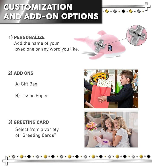 DolliBu Pink Dolphin Stuffed Animal with Silver Cross Plush - Religious Baptism Gifts for Boys and Girls, Dedication Christening Gifts Plush Prayer Toy, Healing Stuffed Animal Toy - 12 Inches