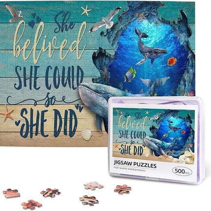 Ocean Jigsaw Puzzles 500 Pieces for Adults, Majestic Whales & Inspirational Quotes, Motivational Sea Life Art Wooden Puzzle for Stress Relief, Empowering Home Decor