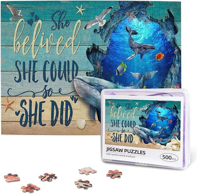 Ocean Jigsaw Puzzles 500 Pieces for Adults, Majestic Whales & Inspirational Quotes, Motivational Sea Life Art Wooden Puzzle for Stress Relief, Empowering Home Decor
