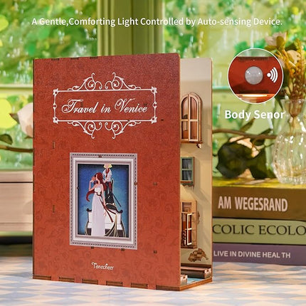 Tonecheer DIY Book Nook Kit for Adults, 3D Wooden Puzzle Bookend Bookshelf Insert Library Decor, Booknook Miniature House Kit with Body Motion Sensor LED Light (Travel in Venice)