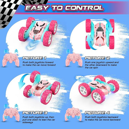 RC Cars, Pink Remote Control Car for Girls, 2.4 GHZ Double Sided RC Stunt Car 360 Rotating Remote Control Cars with Headlights Toys for 6 7 8 9 10 11 12 Girls Birthday Gift