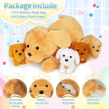KMUYSL Puppy Stuffed Animals Toys for Ages 0 1 2 3 4 5 6 7 8+ Years Old Kids - Mommy Dog with 4 Baby Puppies in Her Tummy, Idea Xmas Birthday Gifts for Baby, Toddler, Girls, Boys