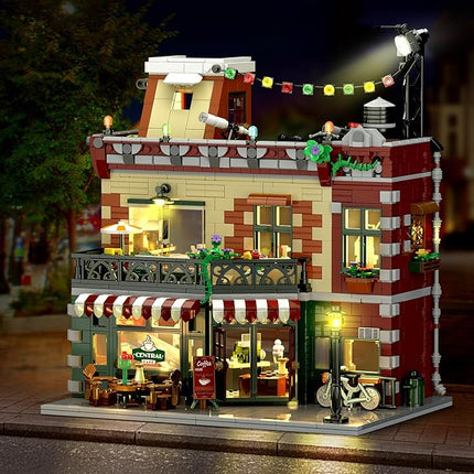 Coffee House Building Set with Light, 1589 PCS City Cafe Shop Building Block Toy with Stage Street Lights, Architecture Construction Model for Adults Teens Kids Ages 10 11 12+ Boys Girls