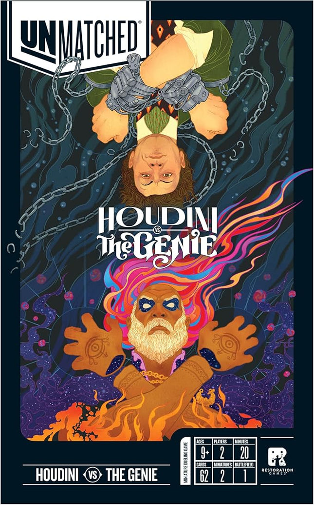 Restoration Games Unmatched Houdini vs The Genie - Strategy Board Game for 2 to 4 Players - Heroes Expansion with Miniatures, Unique Decks, and Abilities - 20 Min Playtime - Ages 9+