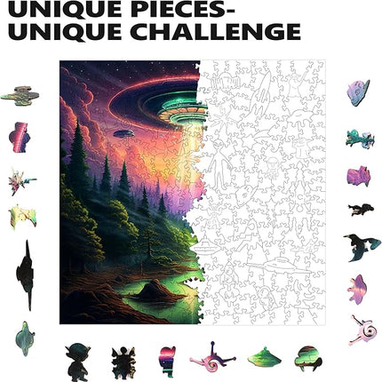 Wooden Jigsaw Puzzle for Adults - Challenging 300 Piece Puzzle with Cool Shapes - UFO Alien Landscape Puzzle Art - Paranormal Collection (Earthly Encounter)