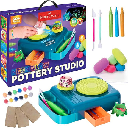 Faber-Castell Neon Glow Pottery Studio: Create Your Own Pottery Designs with USB-Powered Pottery Wheel, Air Dry Clay, Neon & Glow in The Dark Paints, Tools & 50+ Craft Supplies for Kids (Ages 8+)