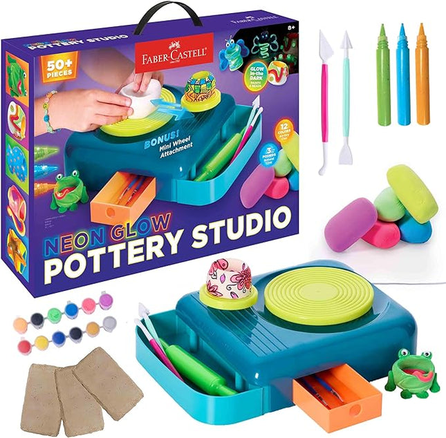Faber-Castell Neon Glow Pottery Studio: Create Your Own Pottery Designs with USB-Powered Pottery Wheel, Air Dry Clay, Neon & Glow in The Dark Paints, Tools & 50+ Craft Supplies for Kids (Ages 8+)