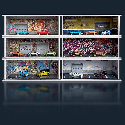 1/64 Scale Cars Display Case: Toy Car Parking Garage with LED Light Compatible with Hot Wheels, FoamBoard Storage Display for Matchbox with Acrylic Cover (Repair Store)