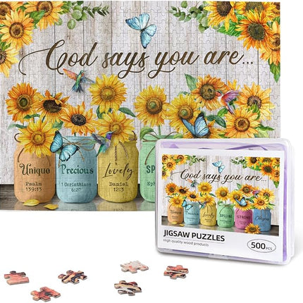Christian Wooden Jigsaw Puzzle 500 Pieces for Adults - Inspirational Sunflower & Scripture, God Says You are Religious Gift for Women, Faith-Based Home Decor