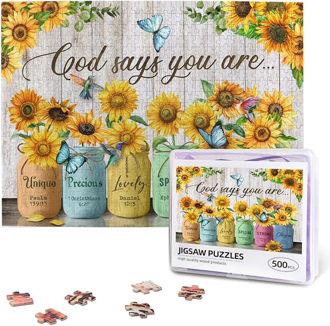Christian Wooden Jigsaw Puzzle 500 Pieces for Adults - Inspirational Sunflower & Scripture, God Says You are Religious Gift for Women, Faith-Based Home Decor