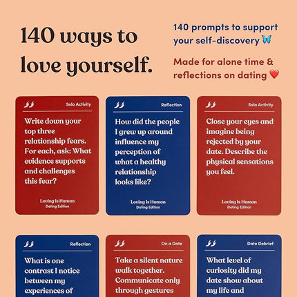 Loving is Human (Dating Edition) | 140 Conversation Cards to Help Deepen Romantic Relationships | Self-Reflections on Dating, Love & Early Relationships | Dating Card Game for 1+ Players