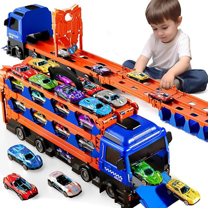 Toy Truck for 3 4 5 6 Years Old Kids Boys, 78-Inch Race Track Transport Vehicle and 12 Die-Cast Metal Toy Cars, Carrier Truck Toddler Truck Car Toys Set Gifts for Age 3-12 Years Old Kids Boys